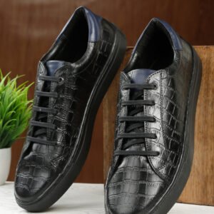 Men's Stylish Black Lace-Up Texture Sneakers Leather Shoes