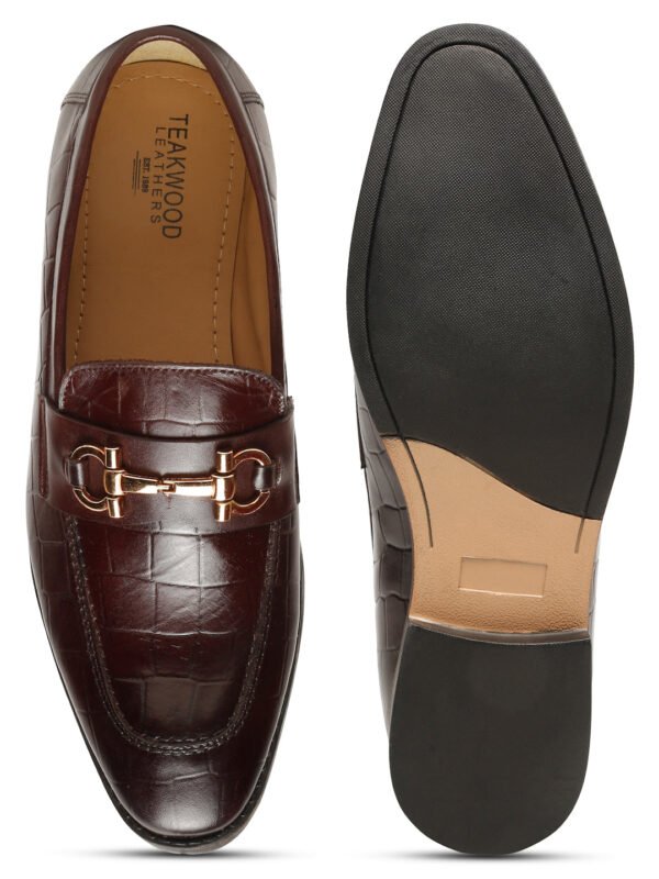 Men's Brown Texture Slip-On Loafers With Buckle - Image 6