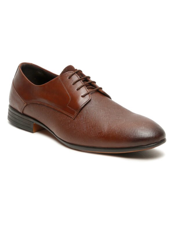 Men's Tan Texture Leather Lace-Up Shoes - Image 3