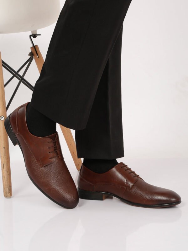 Men's Tan Texture Leather Lace-Up Shoes - Image 7