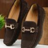 Men's Brown Suede Leather Loafers With Golden Buckle