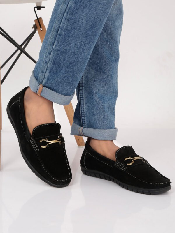 Men's Black Suede Leather Loafers With Antique Gold Buckle - Image 7