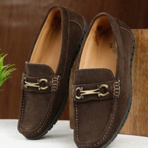 Men's Brown Suede Leather Loafers With Antique Gold Buckle