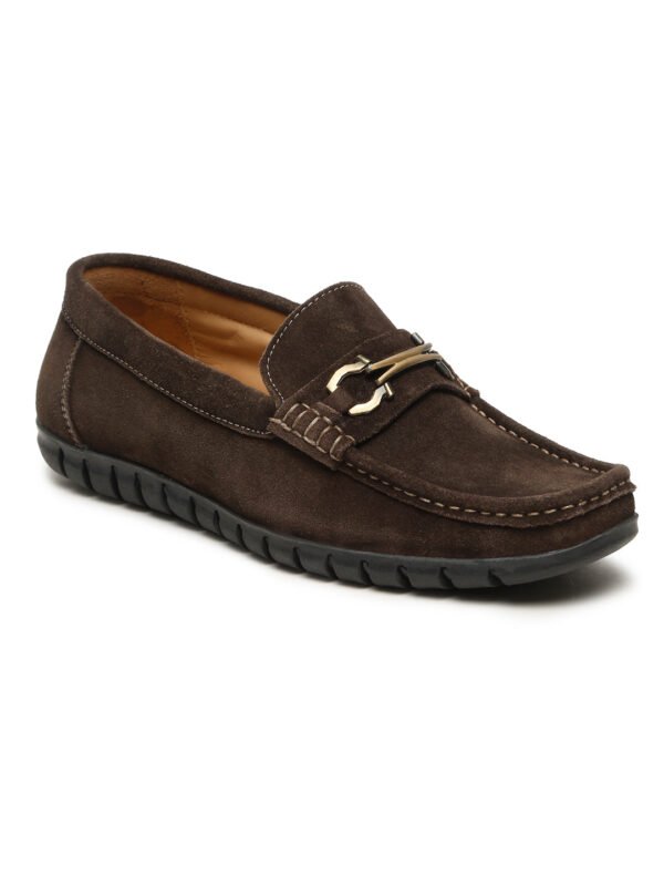 Men's Brown Suede Leather Loafers With Antique Gold Buckle - Image 4