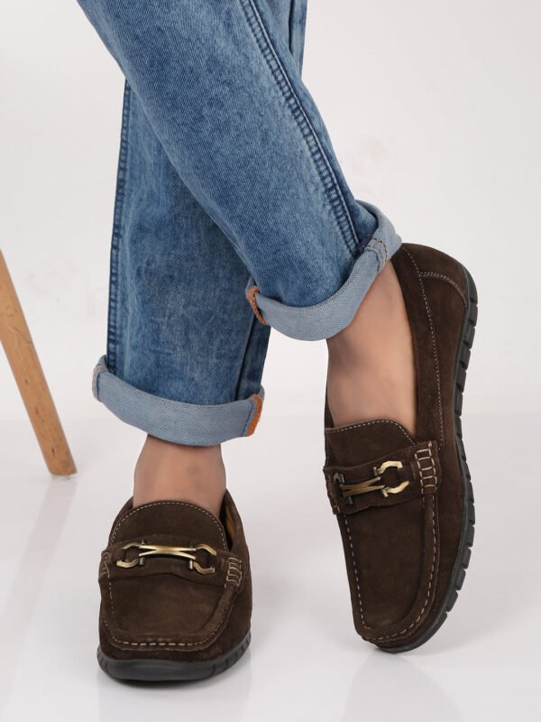 Men's Brown Suede Leather Loafers With Antique Gold Buckle - Image 7