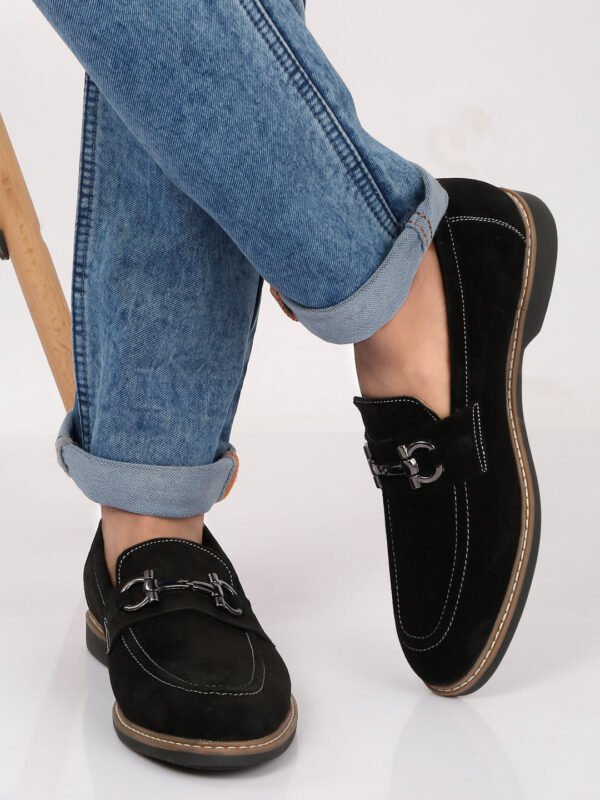 Men's BLACK Suede Leather Loafers With Antique Silver Buckle - Image 7