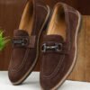 Men's Brown Suede Leather Loafers With Antique Silver Buckle